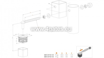 Lankstų komplektas Locinox GBM12-DP su aliuminiu, sustiprintas kaištis, varžtas M12x130 mm (2 vnt.)